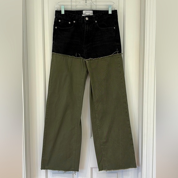 ZARA Women Premium Denim Collection City Worker Black & Green Frayed Hems Pants - Picture 2 of 15